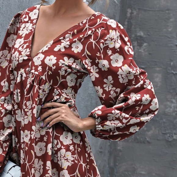 V neck open back floral print mini dress - BRICK - Picture 13 of 16